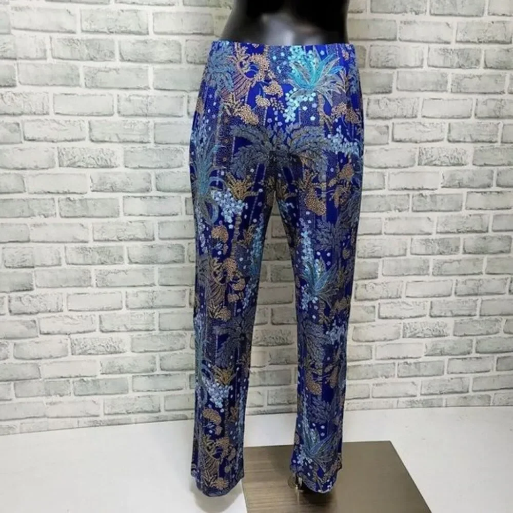 Vintage 70s Blue Tropical‎ Print Pant Set Womens M Lounge Resort Mod 2 Piece
